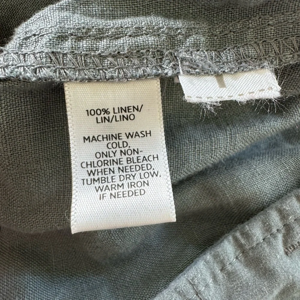 Lou & Grey Dusty Blue Gray Romper Tie Neck Button Up 100% linen Drawstring Sz S